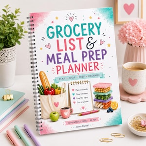 May include: A spiral-bound grocery list and meal prep planner with a white cover featuring colorful illustrations of a tote bag with produce, a notepad, and food containers. The text reads Grocery List & Meal Prep Planner, Plan Shop Prep Organize, and 10 Printable Pages A4 PDF.