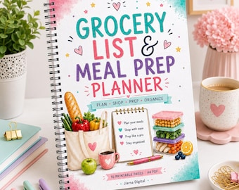May include: A spiral-bound grocery list and meal prep planner with a white cover featuring colorful illustrations of a tote bag with produce, a notepad, and food containers. The text reads Grocery List & Meal Prep Planner, Plan Shop Prep Organize, and 10 Printable Pages A4 PDF.