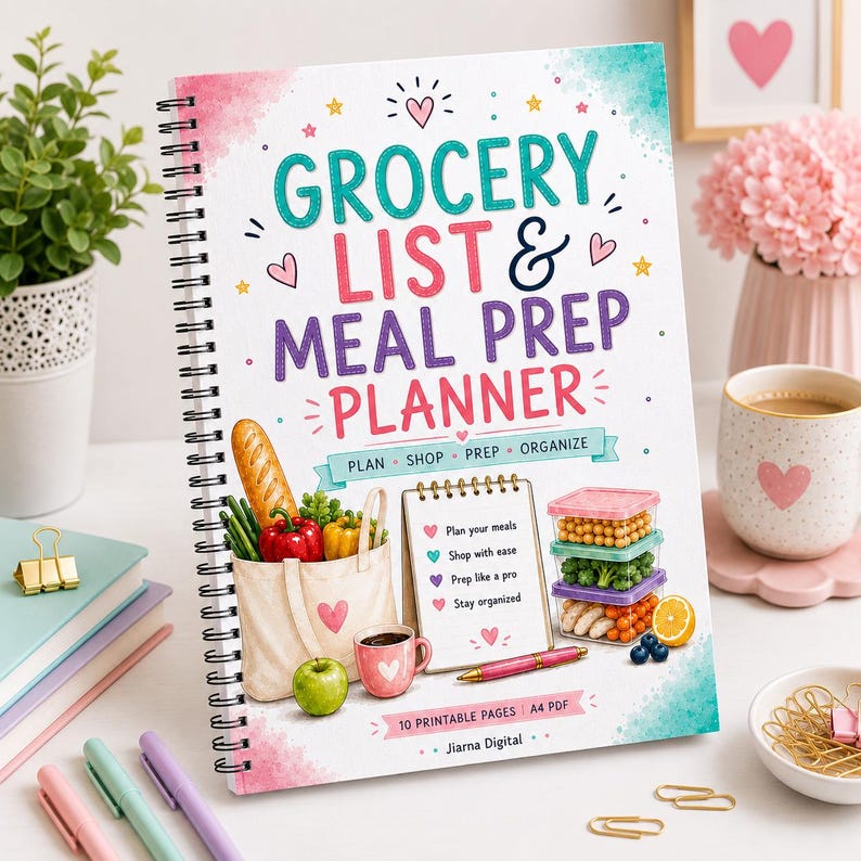 Puede incluir: Un planificador de lista de la compra y comidas con encuadernaci&oacute;n en espiral y portada blanca, ilustrado con una bolsa de la compra, un bloc de notas y recipientes de comida. El texto dice Grocery List & Meal Prep Planner, Plan Shop Prep Organize y 10 Printable Pages A4 PDF.