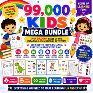 May include: A digital educational product titled 99,000+ KIDS MEGA BUNDLE featuring colorful illustrations of children, a pencil, and various activity sheets. The graphic includes text about learning activities, printable pages, and icons for subjects like math, reading, and puzzles.