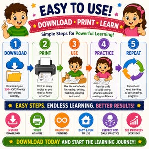 May include: Colorful educational graphic with the text "EASY TO USE! DOWNLOAD &bull; PRINT &bull; LEARN." The image shows steps for learning: download, print, use, practice, and repeat. Includes icons for instant download, unlimited printing, and daily practice.