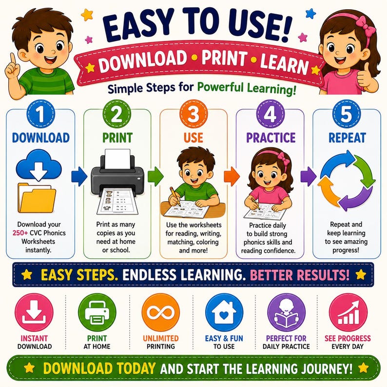 May include: Colorful educational graphic with the text "EASY TO USE! DOWNLOAD &bull; PRINT &bull; LEARN." The image shows steps for learning: download, print, use, practice, and repeat. Includes icons for instant download, unlimited printing, and daily practice.