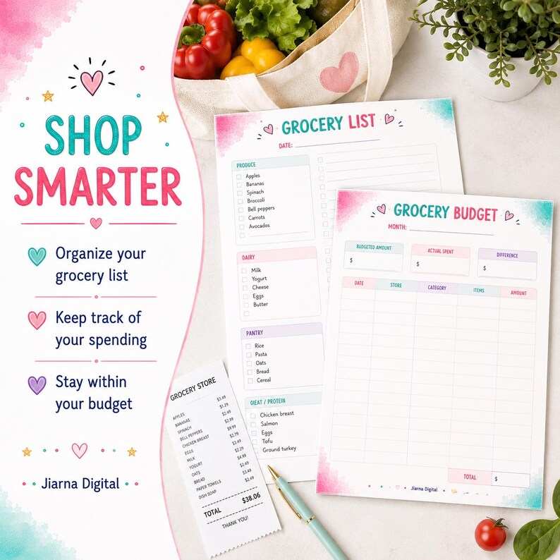 Puede incluir: Un conjunto de lista de la compra y planificador de presupuesto con detalles en acuarela rosa y azul. Las hojas incluyen secciones para productos frescos, l&aacute;cteos, despensa y prote&iacute;nas, junto a un rastreador de presupuesto con columnas.
