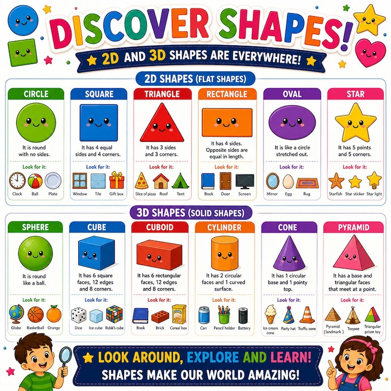 An educational poster titled DISCOVER SHAPES! 2D AND 3D SHAPES ARE EVERYWHERE! featuring colourful illustrations of shapes with faces. It categorises 2D shapes like circle, square, triangle, rectangle, oval, star and 3D shapes like sphere, cube, cuboid, cylinder, cone, pyramid with examples.