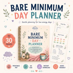 May include: A spiral-bound Bare Minimum Day Planner with a cream cover featuring a cloud, a vase, a lantern, and a mug. The text reads Bare Minimum Day Planner. Includes three smaller cards showing a Daily Plan, Mood Tracker, and Self Care Menu.