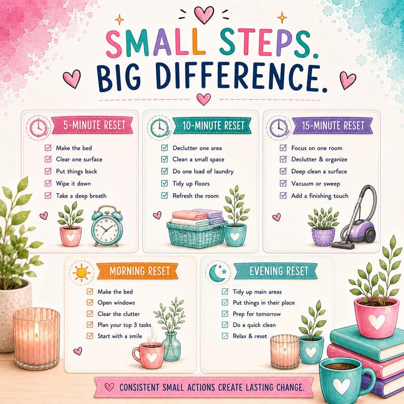 May include: A colorful infographic titled SMALL STEPS. BIG DIFFERENCE. featuring five checklists: 5-Minute Reset, 10-Minute Reset, 15-Minute Reset, Morning Reset, and Evening Reset. Each section includes task lists, illustrations of plants, clocks, and household items.
