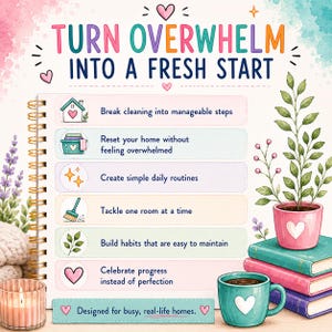 May include: A spiral-bound planner page with the title TURN OVERWHELM INTO A FRESH START. It lists six steps for home organization with icons, including cleaning, routines, and habits. A potted plant, stacked books, and a mug are nearby.