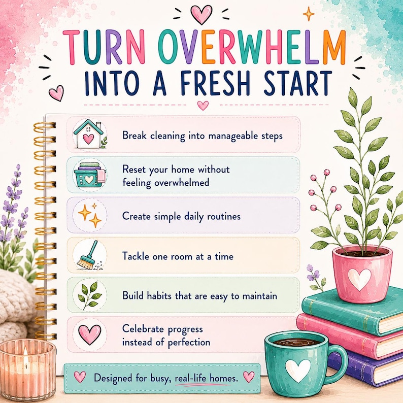 May include: A spiral-bound planner page with the title TURN OVERWHELM INTO A FRESH START. It lists six steps for home organization with icons, including cleaning, routines, and habits. A potted plant, stacked books, and a mug are nearby.