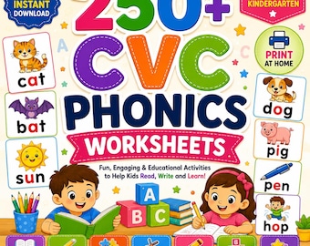 Más de 250 hojas de trabajo de fonética CVC / Actividades de lectura para preescolar y jardín de infancia (descarga digital)