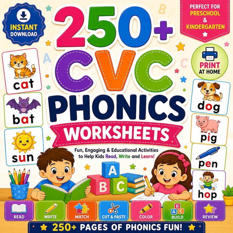 May include: A colorful educational worksheet set for preschool and kindergarten. The image features the text "250+ CVC Phonics Worksheets" with illustrations of a cat, bat, sun, dog, pig, and other learning tools. Includes "Instant Download" and "Print at Home" options.