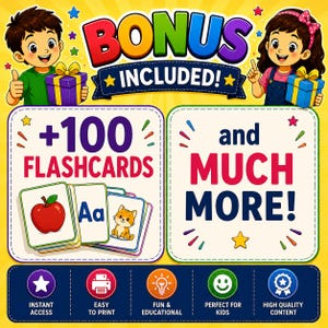 A digital graphic featuring a boy and girl holding gift boxes with the text BONUS INCLUDED. Below, two boxes display +100 FLASHCARDS and and MUCH MORE! with illustrations of an apple, the letter Aa, and a cat. Bottom icons show features.