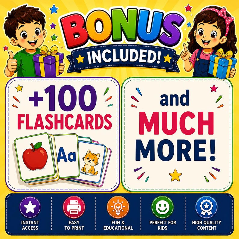 A digital graphic featuring a boy and girl holding gift boxes with the text BONUS INCLUDED. Below, two boxes display +100 FLASHCARDS and and MUCH MORE! with illustrations of an apple, the letter Aa, and a cat. Bottom icons show features.