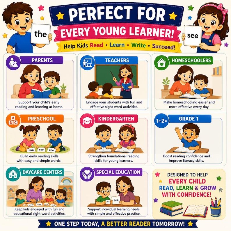 May include: An educational poster titled PERFECT FOR EVERY YOUNG LEARNER! featuring illustrations of children and adults engaged in reading activities. It includes sections for parents, teachers, homeschoolers, preschool, kindergarten, grade 1, daycare, and special education.