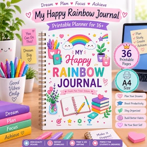 Happy Rainbow Journal Printable Planner | 36 Pages, Goal Setting, Study, Self-Care (Digital Download)