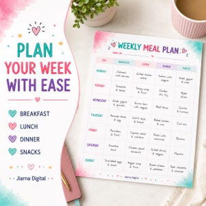 Puede incluir: Una hoja de plan de comidas semanal con fondo blanco, detalles en acuarela rosa y turquesa, y texto en negro. La cuadr&iacute;cula incluye columnas para desayuno, almuerzo, cena y meriendas para cada d&iacute;a. El texto dice Plan Your Week With Ease.
