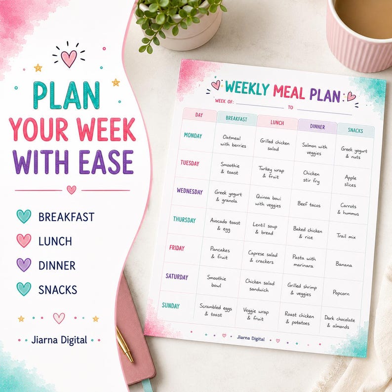 Puede incluir: Una hoja de plan de comidas semanal con fondo blanco, detalles en acuarela rosa y turquesa, y texto en negro. La cuadr&iacute;cula incluye columnas para desayuno, almuerzo, cena y meriendas para cada d&iacute;a. El texto dice Plan Your Week With Ease.