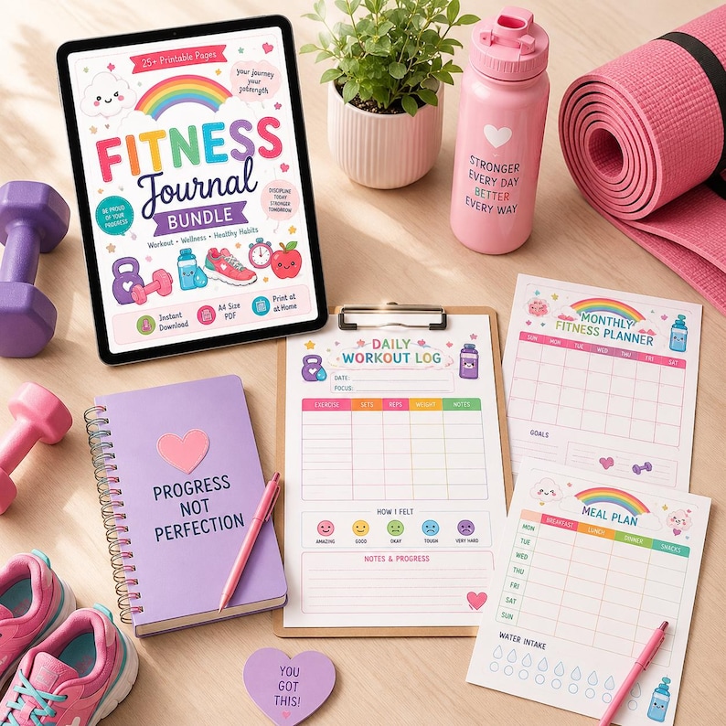 May include: A fitness journal bundle displayed on a tablet screen, a spiral notebook with the text Progress Not Perfection, a clipboard with a daily workout log, a monthly fitness planner, a meal plan, pink dumbbells, a pink water bottle, and sneakers.
