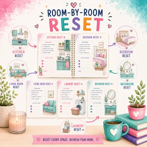 May include: A Room-By-Room Reset planner featuring checklists for kitchen, bedroom, living room, laundry, and bathroom spaces. The pages include illustrations of home interiors, task lists, and notes sections with a colorful, decorative design.