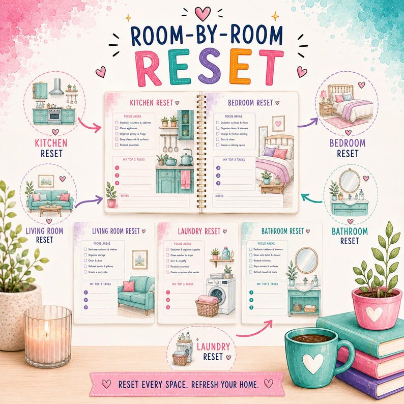 May include: A Room-By-Room Reset planner featuring checklists for kitchen, bedroom, living room, laundry, and bathroom spaces. The pages include illustrations of home interiors, task lists, and notes sections with a colorful, decorative design.