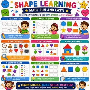 An educational poster titled SHAPE LEARNING MADE FUN AND EASY featuring nine distinct activity panels. Each section includes colourful illustrations of geometric shapes, cartoon characters, and instructions for tracing, matching, colouring, sorting, and counting shapes.