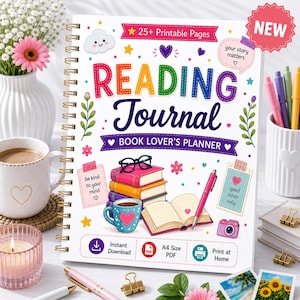 May include: A spiral-bound reading journal with a white cover featuring colourful text that reads Reading Journal Book Lover's Planner, 25+ Printable Pages, and New. The cover includes illustrations of stacked books, glasses, a mug, and a pen.