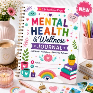 Op de afbeelding: Een spiraalgebonden Mental Health & Wellness Journal met een witte kaft voorzien van kleurrijke tekst, een regenboog, een hersenillustratie en plantafbeeldingen. De kaft bevat de tekst 25+ Printable Pages, NEW, your story matters, Self-Care, Mindfulness, Emotional Wellness, Name en Year.