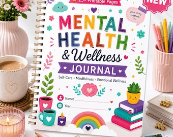 May include: A spiral-bound Mental Health & Wellness Journal with a white cover featuring colorful text, a rainbow, a brain illustration, and plant graphics. The cover includes the text 25+ Printable Pages, NEW, your story matters, Self-Care, Mindfulness, Emotional Wellness, Name, and Year.
