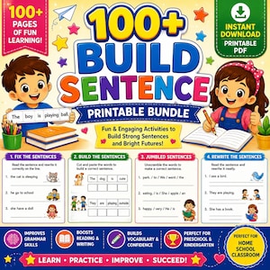 Puede incluir: Un colorido paquete imprimible titulado "100+ Build Sentence" con ilustraciones de niños y actividades educativas. El paquete incluye ejercicios para mejorar la gramática, la lectura y el vocabulario, perfecto para preescolar y escuela en casa.