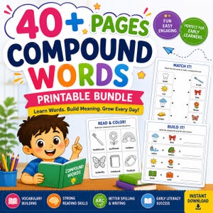 Puede incluir: Un paquete imprimible educativo y colorido para estudiantes jóvenes. La imagen presenta el texto "40+ PAGES COMPOUND WORDS PRINTABLE BUNDLE" con ejercicios de emparejamiento y coloreado de palabras compuestas. Un niño de dibujos animados sostiene un libro.