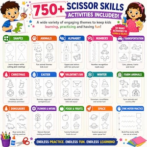 May include: A colorful educational activity book with the text "750+ SCISSOR SKILLS ACTIVITIES INCLUDED!". The book features various themes like shapes, animals, alphabet, numbers, and more. Includes illustrations of scissors, glue, and colorful pencils.