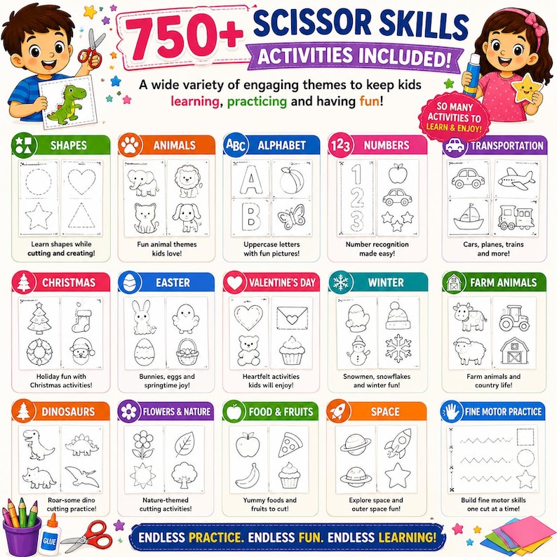 May include: A colorful educational activity book with the text "750+ SCISSOR SKILLS ACTIVITIES INCLUDED!". The book features various themes like shapes, animals, alphabet, numbers, and more. Includes illustrations of scissors, glue, and colorful pencils.