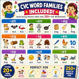 May include: Colorful educational chart for learning CVC word families. Includes illustrations of words like cat, bat, and hat, along with the text "CVC WORD FAMILIES INCLUDED!" and "Build Strong Phonics Skills with 250+ CVC Worksheets!"