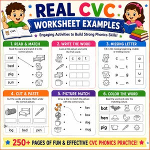 May include: Educational worksheet with examples for CVC phonics practice. Features matching, writing, and coloring activities. Includes illustrations of a cat, bed, pig, and sun. Designed to build strong phonics skills.