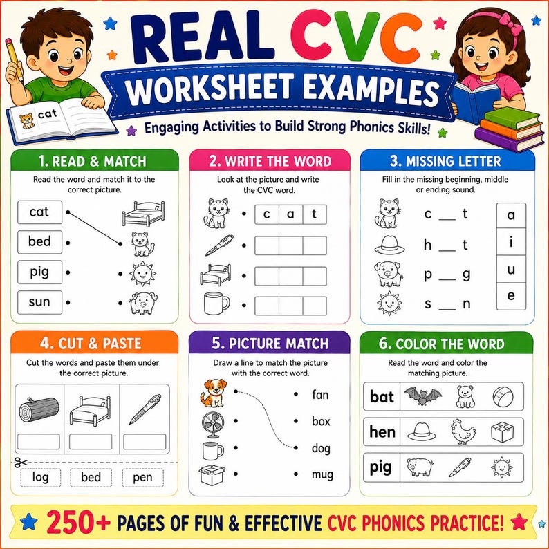 May include: Educational worksheet with examples for CVC phonics practice. Features matching, writing, and coloring activities. Includes illustrations of a cat, bed, pig, and sun. Designed to build strong phonics skills.