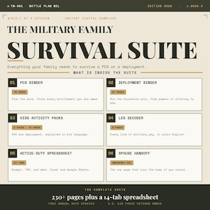 May include: Digital download titled "The Military Family Survival Suite." The suite includes a PCS binder, deployment binder, kids activity packs, LES decoder, active-duty spreadsheet, and spouse handoff. The suite is designed to help families survive a PCS or deployment.