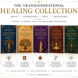 Puede incluir: Una colección de siete libros titulada The Transgenerational Healing Collection de O. L. Dell'Amico. Los libros presentan portadas doradas, azules, moradas, rojas y verdes con ilustraciones detalladas de árboles, mandalas y llaves, además de texto.