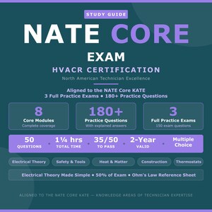 May include: A teal and purple study guide for the NATE Core Exam HVACR certification. It features 8 core modules, 180+ practice questions, and 3 full practice exams. Details include 50 questions, 1.25 hours total time, 35/50 to pass, and 2-year validity.