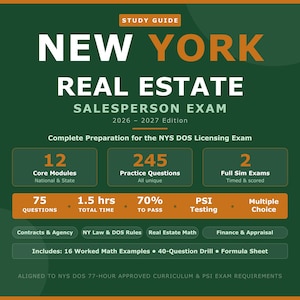 May include: A green and orange study guide for the New York Real Estate Salesperson Exam, 2026-2027 edition. The cover features the title, exam details, and key information, including 12 core modules, 245 practice questions, and 2 full sim exams.