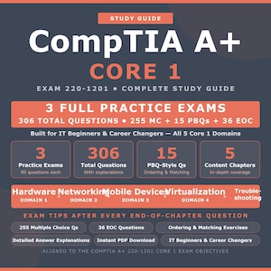 Pode incluir: Um guia de estudo CompTIA A+ Core 1 azul escuro com texto e caixas na cor coral. Inclui 3 exames práticos completos, 306 perguntas no total, 15 perguntas estilo PBQ e 5 capítulos sobre hardware, redes, dispositivos móveis e virtualização.