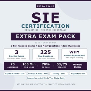 May include: A promotional graphic for the SIE Certification exam pack. The design features the text "EXTRA EXAMS" at the top, with "SIE CERTIFICATION" in large letters. The pack includes 3 practice exams, 225 new questions, and answer explanations.