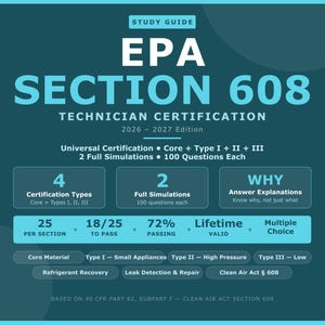 Puede incluir: Una guía de estudio turquesa y blanca para la certificación de técnico EPA Sección 608. La guía incluye información sobre tipos de certificación, simulaciones y explicaciones de respuestas. Cubre temas como la recuperación de refrigerante.