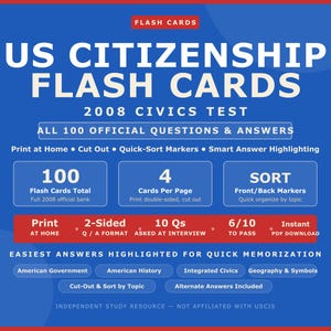 Puede incluir: Un gráfico digital para tarjetas de estudio de ciudadanía estadounidense para el examen cívico de 2008. El fondo azul presenta texto blanco que detalla 100 preguntas y respuestas oficiales, instrucciones de impresión y marcadores de clasificación.