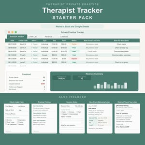 Therapeut Tracker und Starter Paket | Kunden-Tracker, Aufnahmeformular, Sitzungsnotizen und Richtlinienvorlage | Excel und Google Sheets