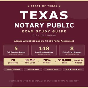 Op de afbeelding: Een bordeauxrode studiehandleiding voor het Texas Notary Public Examen, editie 2026-2027. De gids bevat 5 oefenexamens, 148 oefenvragen en 8 quizzen. Belangrijke onderwerpen zijn SB693-updates, notariële handelingen.