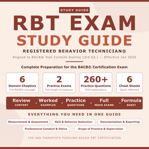 Puede incluir: Una guía de estudio para el examen RBT, Técnico en Conducta Registrado. La portada presenta el título en letras grandes de color rojo oscuro. Incluye capítulos de dominio, exámenes de práctica, preguntas y hojas de trucos.