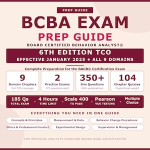 Puede incluir: Una guía de preparación para el examen BCBA en color granate y crema para la certificación Board Certified Behavior Analyst. Detalla 9 capítulos de dominio, 2 exámenes de práctica, 350+ preguntas de simulación, 104 cuestionarios y logística.