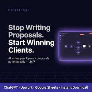 May include: A digital advertisement with the text "Stop Writing Proposals. Start Winning Clients." The ad promotes AI-powered Upwork proposal writing, available 24/7. The ad also mentions ChatGPT, Upwork, and Google Sheets.