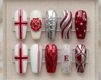 Unghie decorate con tema calcio inglese per i Mondiali 2026 / Nail art con leone rosso, bianco e cuore / Unghie finte 3D per tifosi di calcio / Unghie personalizzate con orgoglio britannico
