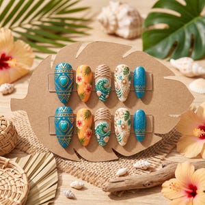 May include: A set of ten artificial nails with various designs. The nails feature turquoise, orange, and white colors with patterns including hearts, flowers, waves, and glitter. The nails are displayed on a brown leaf-shaped card.