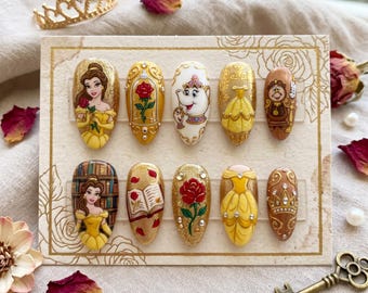 Enchanted Rose Princess Press on Nails Hand Painted Fairy Tale Nails | Yellow Ball Gown Nail Art | Magic Book Teapot Custom Fake Nails